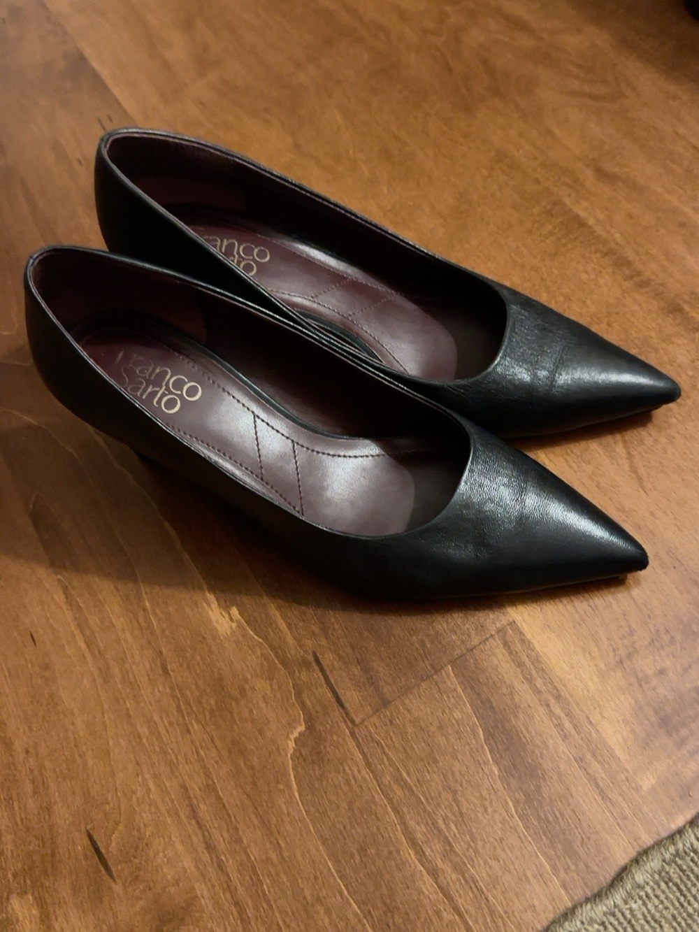 Franco Sarto Black Leather Pointed Toe Pumps Block Heel Size 8.5